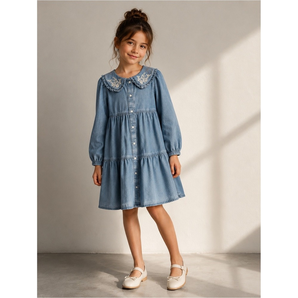 Janie and Jack Shirt Dress Chambray Floral Embroidered 7 Girls Casual